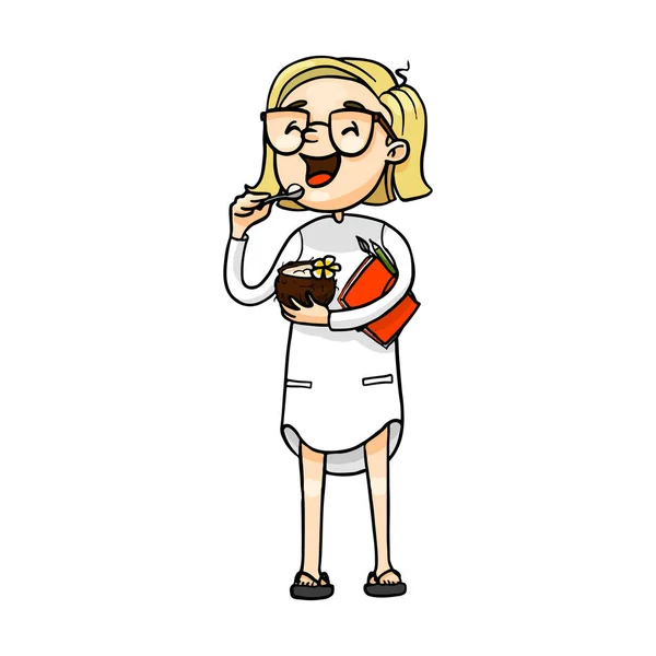 Feliz chica de dibujos animados comiendo un helado de coco. Vector aislado dibujado a mano carácter — Archivo Imágenes Vectoriales