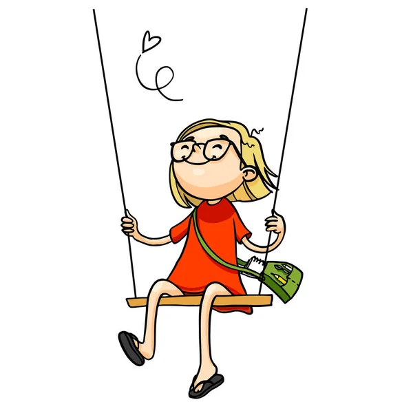 Cute cartoon girl playing on a swing. Vector isolated hand drawn character — Stock Vector