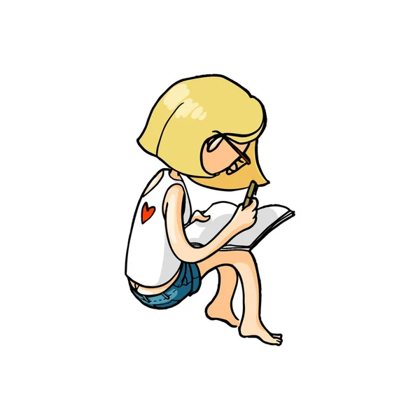 Karikatura dívka v skicář. Vektor znamení izolované ručně kreslenou — Stockový vektor