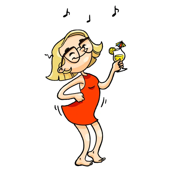 Linda chica de dibujos animados bailando con gafas, vestido rojo y cóctel. Vector aislado dibujado a mano carácter — Archivo Imágenes Vectoriales