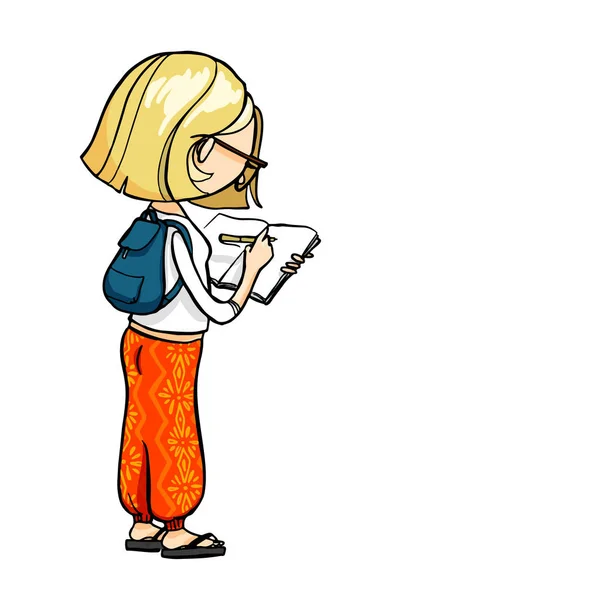 Dziewczyna kreskówka obrazek w sketchbook podczas podróży. Wektor znak wyciągnąć rękę na białym tle — Wektor stockowy