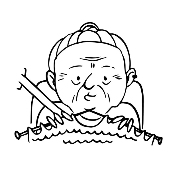 Abuela tejiendo en el coche. Esquema aislado vectorial ilustración dibujada a mano de anciana — Vector de stock