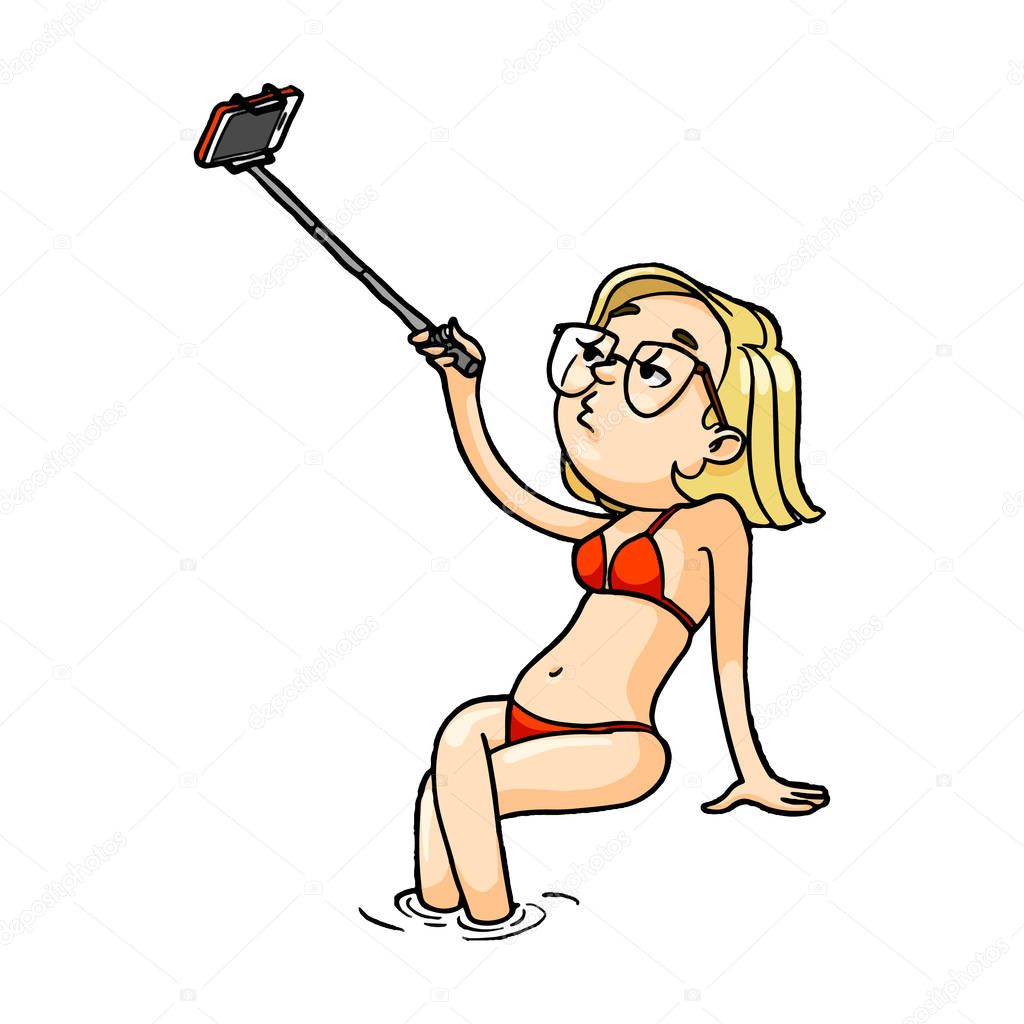 Funny cartoon girl in red swimsuit taking selfie with monopod. Vector isolated hand drawn character