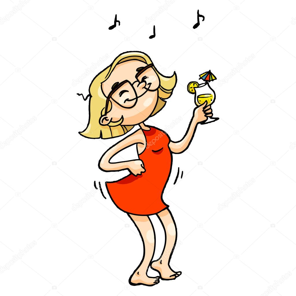 Cute dancing cartoon girl with glasses, red dress and cocktail. Vector isolated hand drawn character