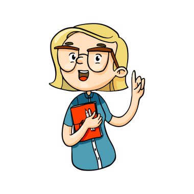 Akıllı karikatür kız parmak önemli şeylerden konuşuyoruz. İzole vektör elle çizilmiş karakter