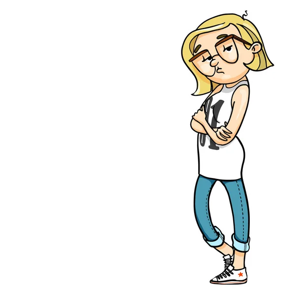Menina dos desenhos animados entediado de pé com braços cruzando sobre seu peito. Ilustração vetorial isolada do caráter —  Vetores de Stock