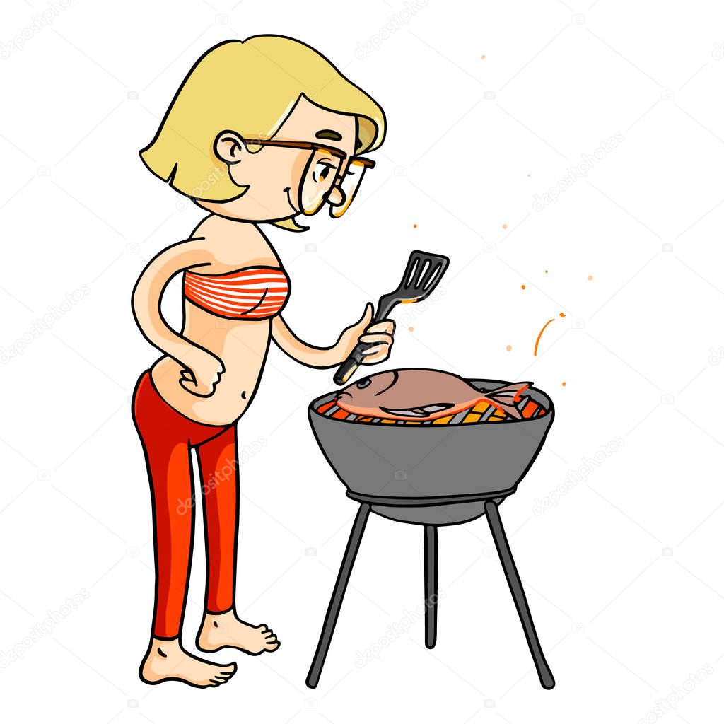 Cute cartoon girl cooking grilled meal at barbecue. Vector isolated hand drawn character