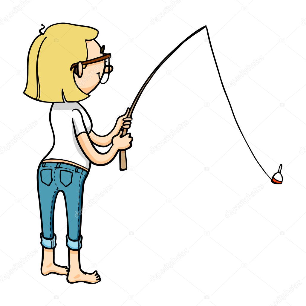Cute cartoon girl fishing with rod. Vector isolated hand drawn character