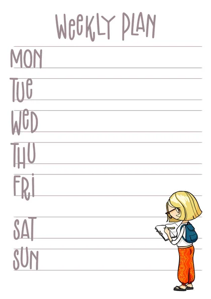 Weekly plan. Planner with cute cartoon character. Vector printable week organizer template — Stock Vector