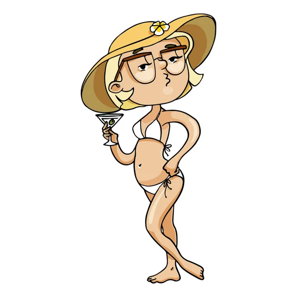 Гламурна дівчина з танірованого мультфільму в купальнику з капелюхом і коктейлем. Векторний намальований символ руки — стоковий вектор