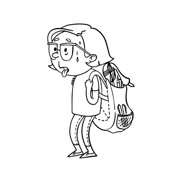 Симпатичный рисунок усталой девочки в кемпинге с сумкой. Векторный ручной контур персонажа. Страница с раскраской — стоковый вектор