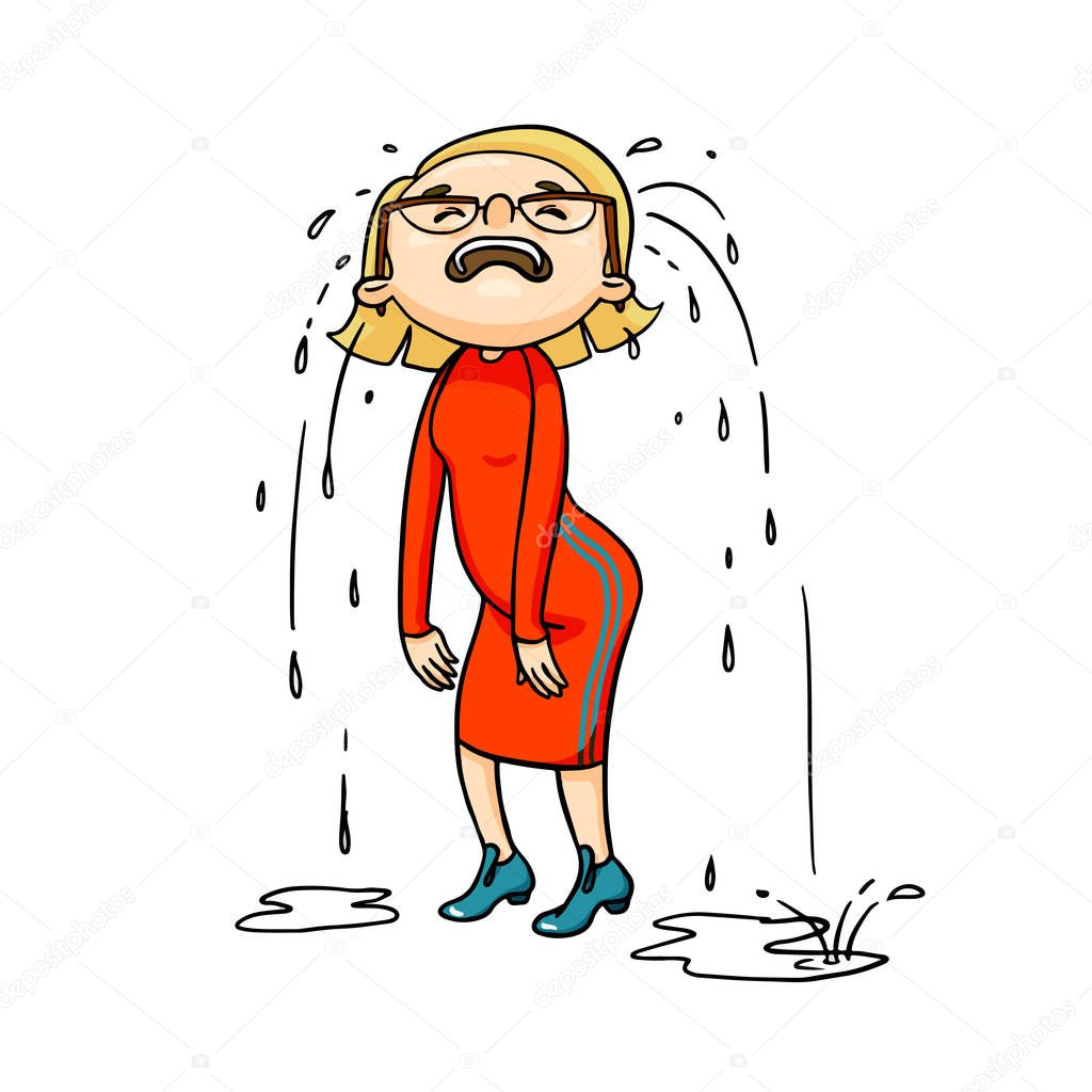 Crying cartoon girl. Vector isolated hand drawn character shedding tears