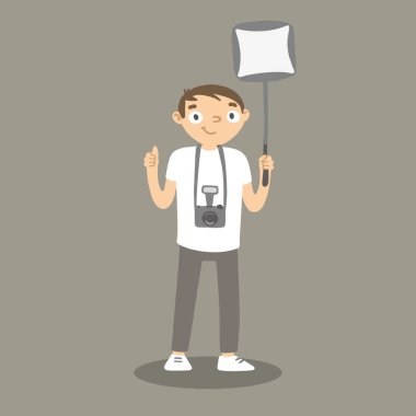 Softbox 'lı karikatür fotoğrafçısı. Kamera ve ışık kutusu olan vektör adam.