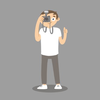 Çizgi filmci adam fotoğraf çekiyor. Fotoğraf makineli vektör fotoğrafçı.