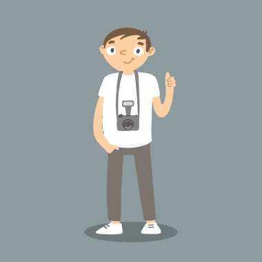 Boynunda kamera olan bir karikatür fotoğrafçısı. Fotoğraf makinesi olan vektör adam..