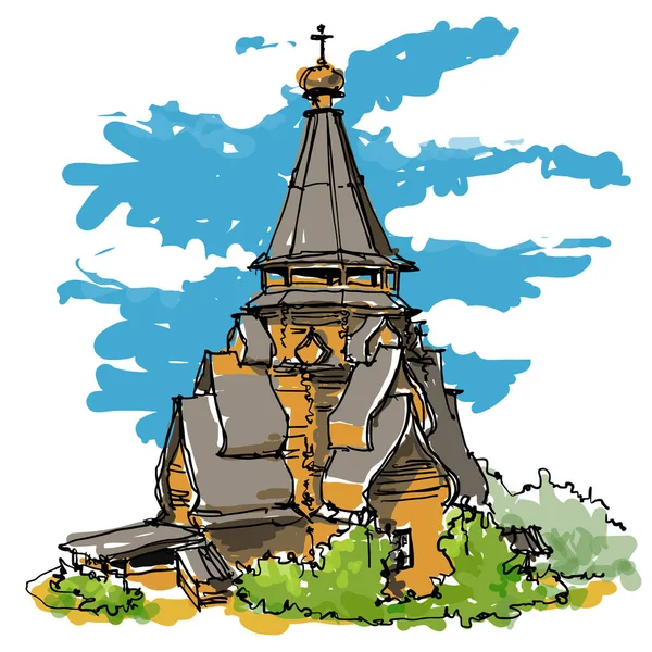 Vieille église russe en bois. Ancienne église russe en bois croquis coloré . — Image vectorielle