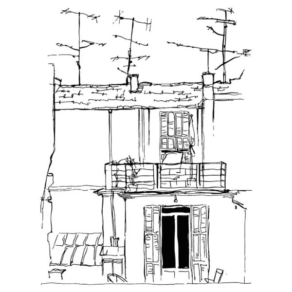 Náčrt Evropského autentického domu s anténami. Pohlednice pro tisk — Stockový vektor