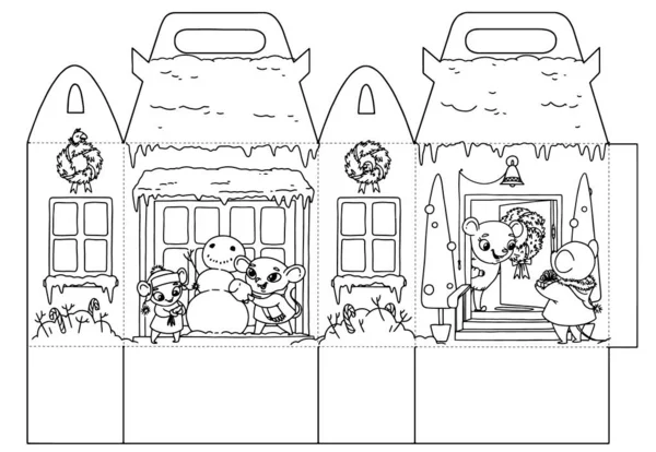 Imprimable Coloriage maison cadeau avec des rats de vacances heureux pour les enfants — Image vectorielle