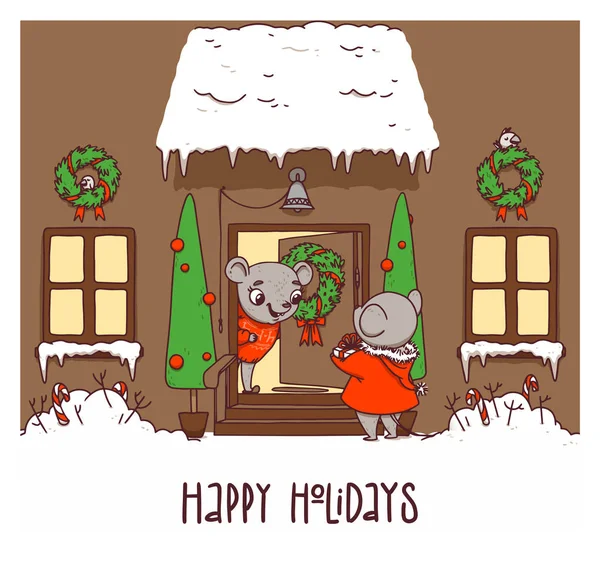 Carte postale avec des rats Joyeuses Fêtes. Carte postale mignonne de Noël avec rats et maison du Nouvel An — Image vectorielle