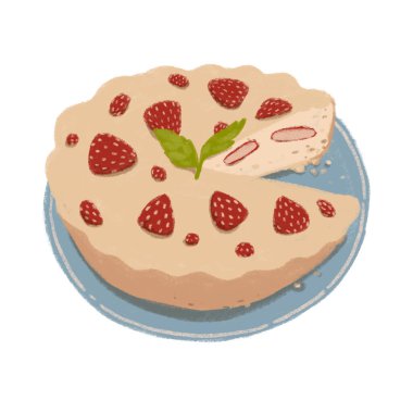 Mavi bir tabakta naneli çilekli turta tasviri.