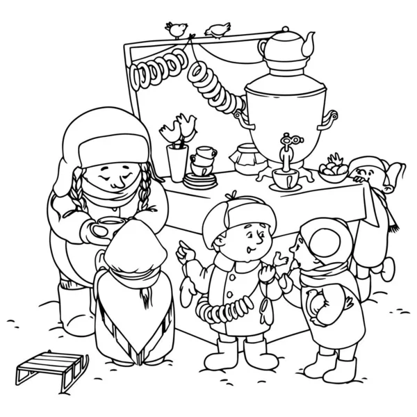 Niños en la feria de invierno en el mostrador con samovar. Vacaciones de invierno en la calle. Página para colorear para niños — Vector de stock