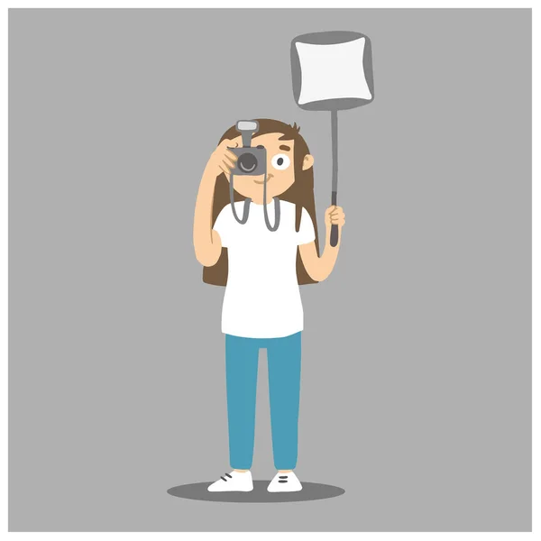 Photographer taking photo with softbox. Vector cartoon woman taking picture and holding lightbox. — Stock Vector