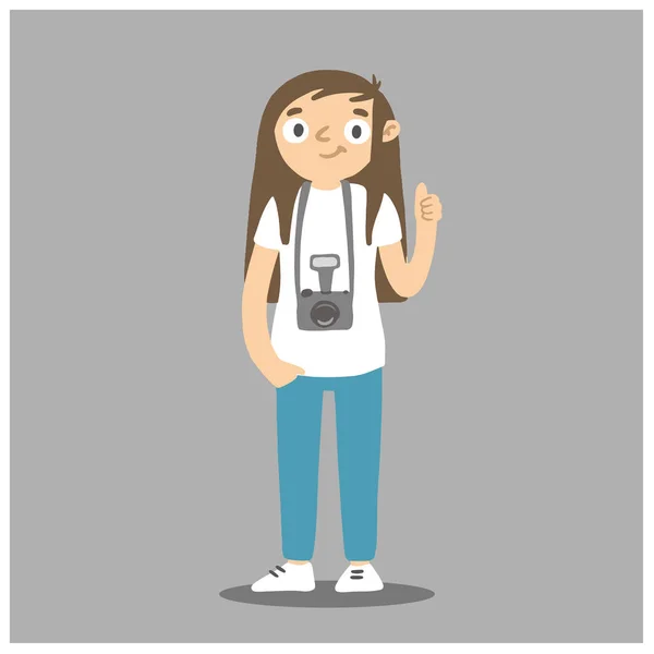 Cartoon photographer with camera hanging around the neck. Vector woman with photocamera. — Stock Vector