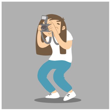 Fotoğrafçı fotoğraf çekiyor. Kameralı vektör karikatür kadın..