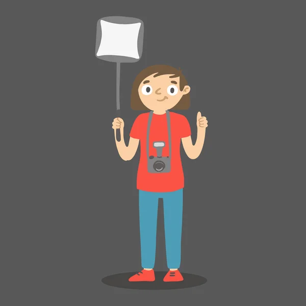 Cartoon photographer with softbox and thumb up. Vector woman with camera and lightbox. — Stock Vector