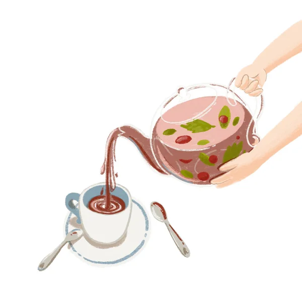 Мультфильм чайник держит руки наливая травяной ягодный чай в чашку. Ручная иллюстрация ароматного чая . — стоковое фото