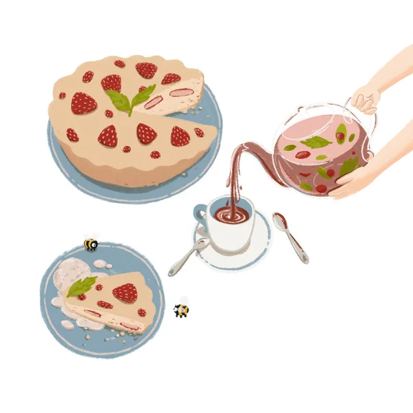 Fiesta de té de dibujos animados con sabor a té de baya de hierbas en tetera de vidrio y pastel de fresa casero. Ilustración de deliciosa cocción con frutas y té vertiendo en la taza de té de la tetera sostenida por las manos . — Foto de Stock