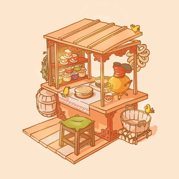 Kreslený izometrický trh s potravinami. Ručně kreslené barevné farmářské obchod s potravinami. — Stock fotografie