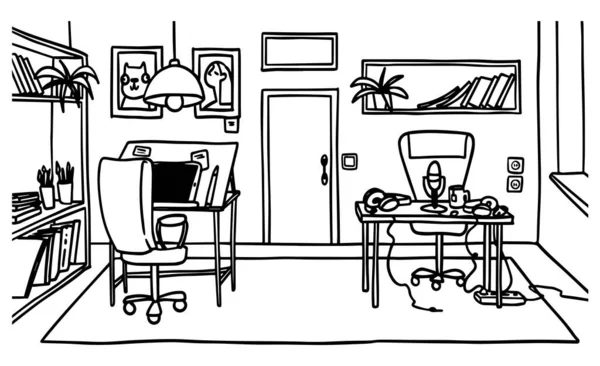 Umrissene handgezeichnete Illustration eines Cartoon-Studio-Büros mit Illustrator und Sprecher am Arbeitsplatz. Vektor-Innenraumskizze. — Stockvektor