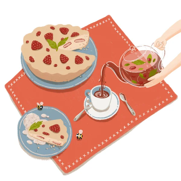 Ilustración de delicioso pastel de fresa y té de hierbas vertiendo en la taza de té de la tetera de vidrio sostenida por las manos. Fiesta de té de dibujos animados con hornear en casa . — Foto de Stock