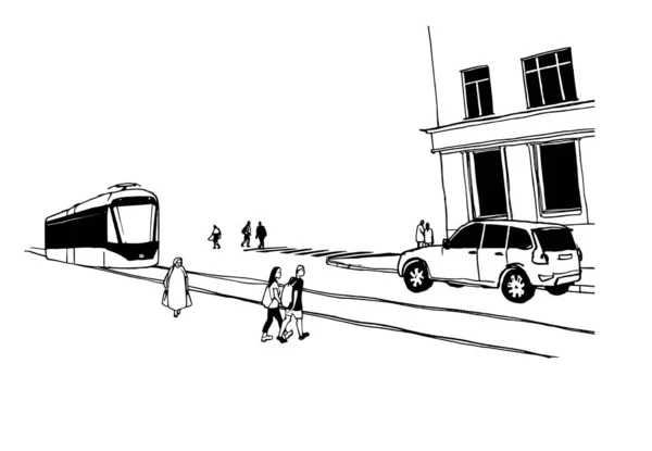 Vektor Schwarz Weiß Skizze Der Stadtlandschaft Städtische Zeichnung Von Auto — Stockvektor