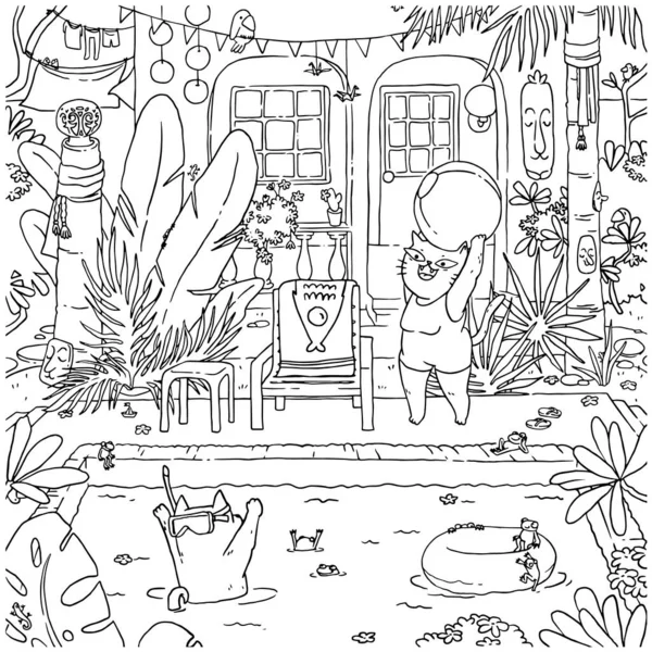 Χρωματισμός σελίδα βιβλίου για τα παιδιά. Δύο γάτες καρτούν παίζουν με την μπάλα στην πισίνα. Χειροποίητη απεικόνιση περιγράμματος. — Διανυσματικό Αρχείο