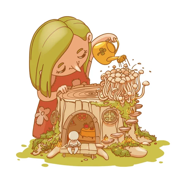 Mão colorida desenhou pequenos cogumelos de rega de fadas em uma pequena casa de toco com caráter de fada. Ilustração do pequeno elfo em uma feira mágica . — Fotografia de Stock