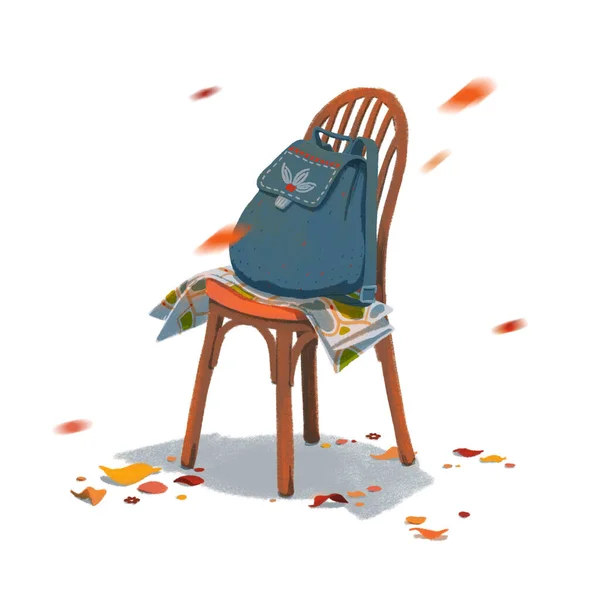 Μπλε femail σακίδιο σε μια καρέκλα κάτω από το φθινόπωρο φύλλο πτώση. Πολύχρωμη ζωγραφισμένη στο χέρι απεικόνιση. — Φωτογραφία Αρχείου