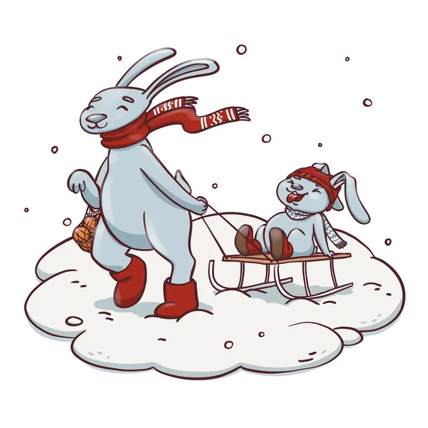 Kreskówkowy królik ciągnący sanie z małym królikiem. Cute ręcznie rysowane ilustracji rodziny i aktywności zimowej z sanki, opady śniegu i zaspy śnieżne. — Zdjęcie stockowe