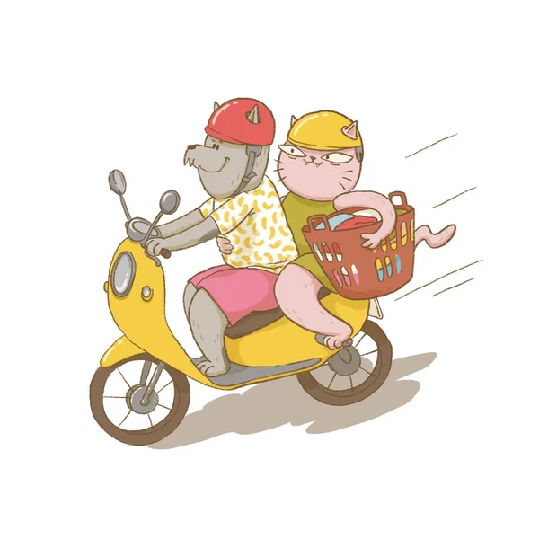 Two cartoon cats riding a bike with helmets and laundry basket. Colorful funny illustration.