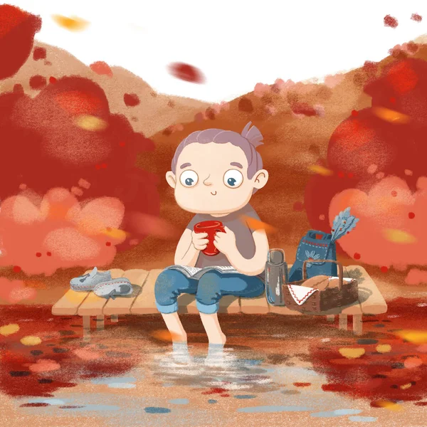 Pequena menina dos desenhos animados cercada pela floresta de outono sentado no cais com os pés na água e segurando smartphone. Ilustração colorida desenhada à mão . — Fotografia de Stock