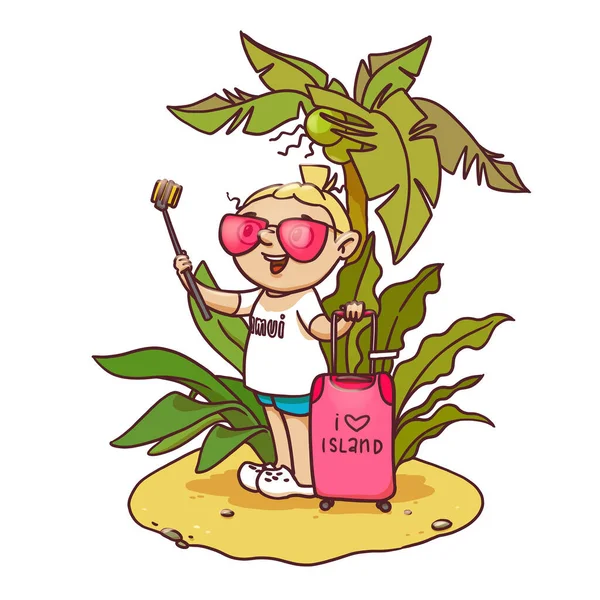 Joyeux dessin animé fille en lunettes de soleil prenant selfie en vacances sur l'île avec valise, palmier et plantes tropicales. Illustration colorée dessinée à la main . — Photo