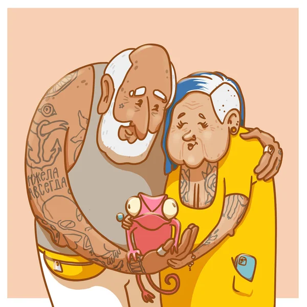 Portrait de famille d'un vieux couple hipster avec animal caméléon. Coloré dessin animé grands-parents élégants avec des tatouages . — Photo