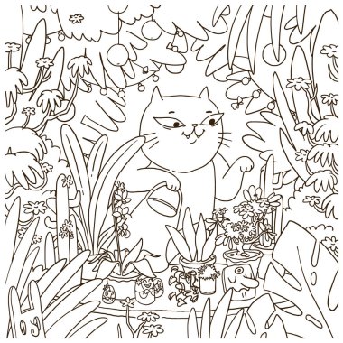 Çizgi filmdeki kedi sulama bitkileri ve çiçekleri sulama tenekesiyle suluyor. Bahçedeki kedi yavrusunun vektör el çizimi. Boyama kitabı sayfası.