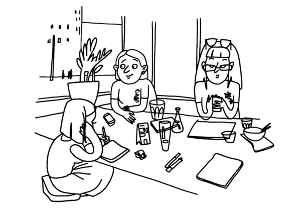 Mensen zitten aan tafel te praten en te werken op het werk. Vector hand getekend illustratie van coworking bijeenkomst van jonge meisjes. Kleurboek pagina. — Stockvector