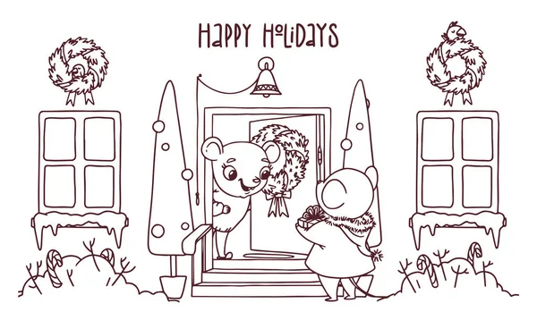 Esquema de dibujos animados invierno casa nevada decorada con guirnalda, guirnalda y nieve con caramelos. Dos ratones saludándose. Ilustración de Navidad vectorial de la página del libro para colorear . — Vector de stock