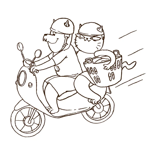 Две мультяшные кошки едут на велосипеде с шлемами и корзиной. Векторный контур забавная иллюстрация. Страница с раскраской . — стоковый вектор