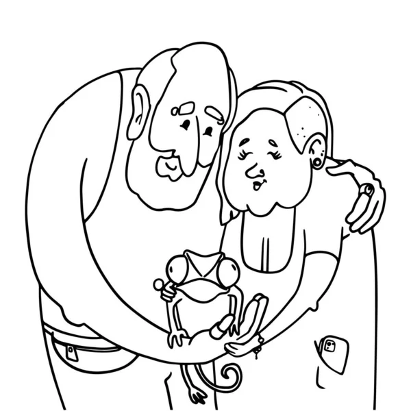 Dibujos animados elegantes abuelos con tatuajes. Retrato familiar de una vieja pareja hipster con mascota camaleón. Vector para colorear página del libro . — Vector de stock