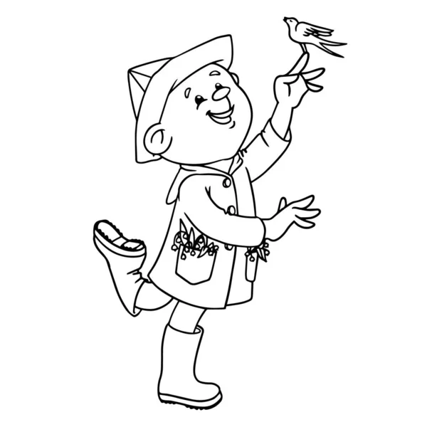 Petit garçon en peluche de dessin animé en imperméable, bottes en caoutchouc et chapeau jouant avec l'oiseau. Illustration vectorielle dessinée à la main de l'activité automnale. Coloriage livre page . — Image vectorielle