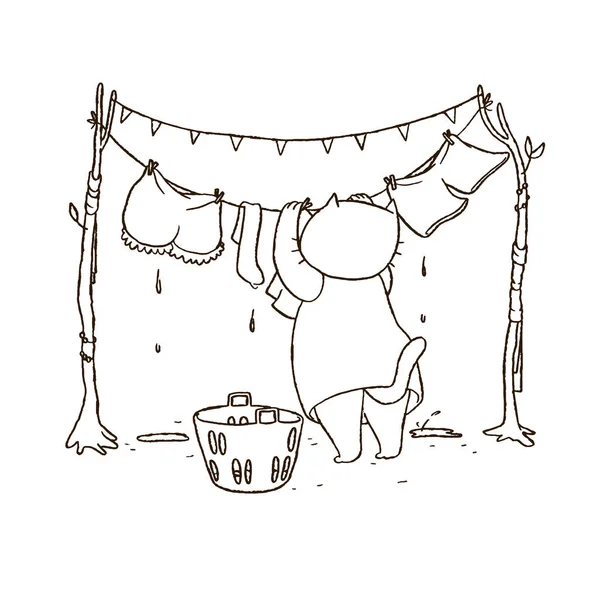 Décrivez chat dessin animé accrochant blanchisserie. Illustration vectorielle dessinée à la main d'un animal faisant le ménage avec des vêtements et un panier à linge. Coloriage livre page . — Image vectorielle